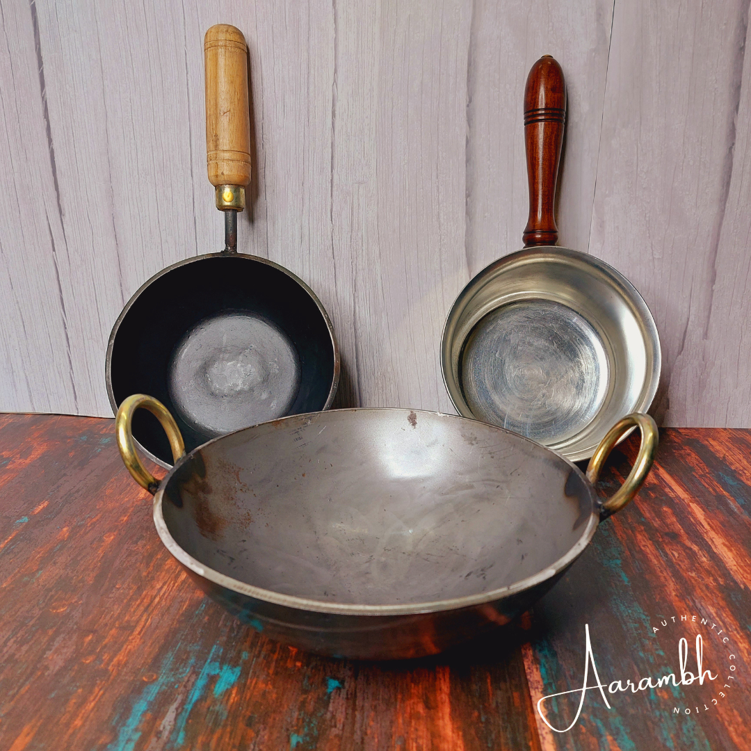 Aarambh® Brass sauce pan + Aarambh® Tadka pan +Aarambh® Iron kadhai