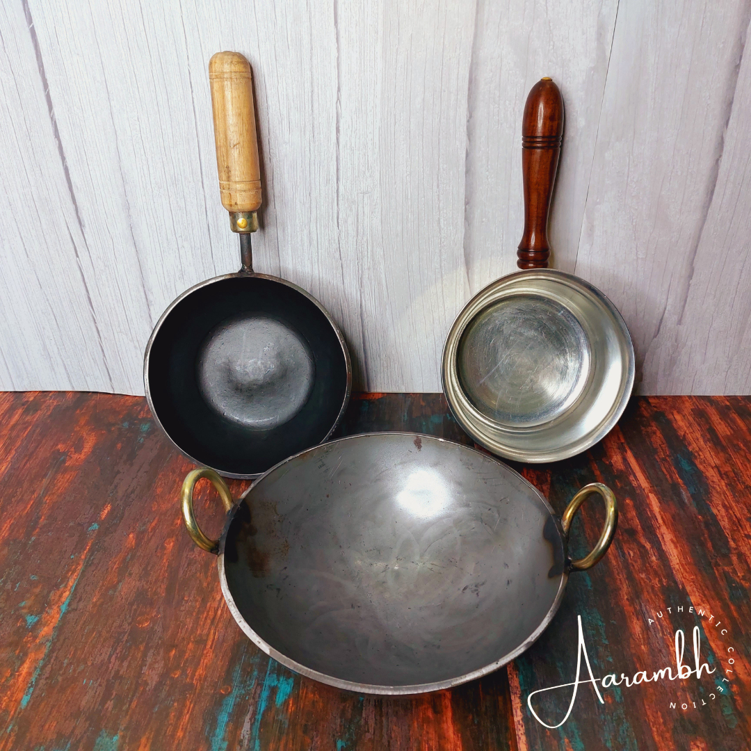 Aarambh® Brass sauce pan + Aarambh® Tadka pan +Aarambh® Iron kadhai